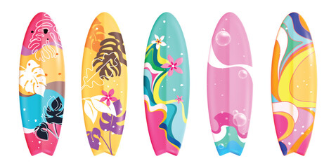 Poster - Summer surfboard elements clipart set. Surfing board elements with colorful abstract printed pattern clip art collection for tropical vacation holiday
