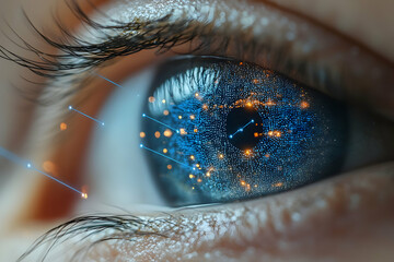 close-up of an eye with a digital overlay suggesting augmented reality or futuristic vision enhancem
