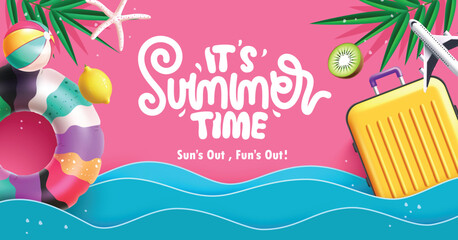 Fototapete - Summer time background clipart banner design. Summertime greeting text in pink background with blue paper cut, inflatable ring and luggage bag elements clip