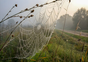 Wall Mural - spider web with dew drops