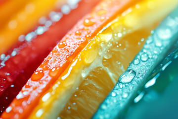 Aufkleber - Vibrant close up of colorful fruit slices with water droplets, showcasing textures and freshness. image captures juicy and refreshing essence of summer fruits