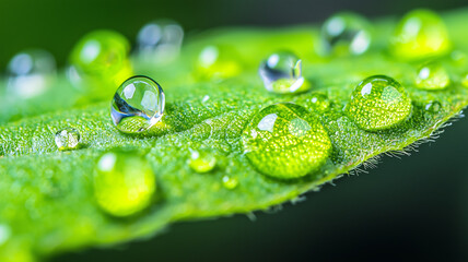 Poster - Water droplets on vibrant green leaf create fresh and natural scene, highlighting intricate texture and details of leaf surface. close up view emphasizes beauty of nature