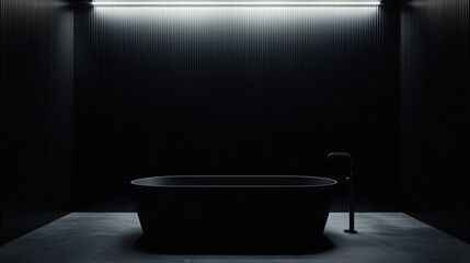 Poster - modern bathroom with sleek fixtures features minimalist design, showcasing freestanding bathtub in dimly lit, dark toned space. ambiance is serene and sophisticated