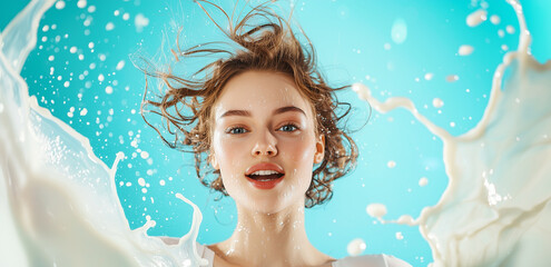 Poster - young woman with joyful expression is surrounded by splashes of liquid against vibrant blue background, creating dynamic and refreshing scene
