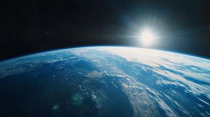 Poster - breathtaking view of Earth from space, showcasing planet curvature with radiant sun in background. image captures vastness and beauty of cosmos