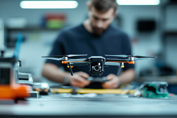 Poster - man working on drone prototype in tech workshop, focused and innovative atmosphere. drone is in foreground, showcasing advanced technology and engineering