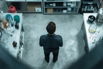 Poster - man stands in chemical lab, surrounded by various equipment and glassware, viewed from above. setting is industrial and organized, with focus on scientific research