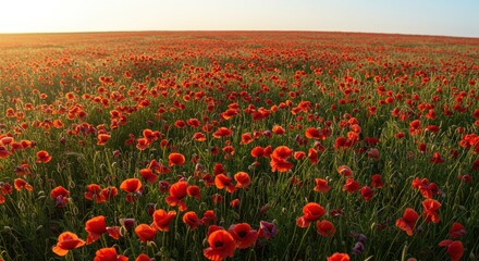 Fototapete - Expansive field of vibrant red poppies under a clear sky at sunset