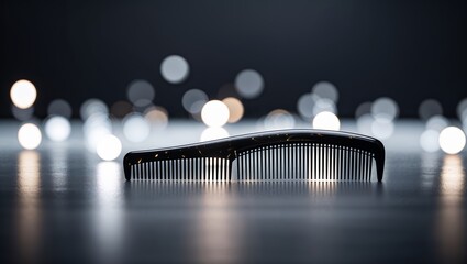 Poster - Black comb on a reflective surface with soft bokeh lights in the background creating a serene atmosphere