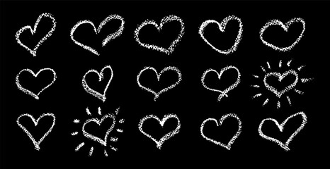 Poster - Set of white hearts signs drawn by wax pencil. Love symbols in doodle style. Collection of hand drawn kid hearts elements for valentine card or rock, hip hop music poster design. Vector illustration.