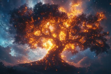 Wall Mural - cosmic tree of life merging with nebula clouds branches extending into spiral galaxies with fractal 
