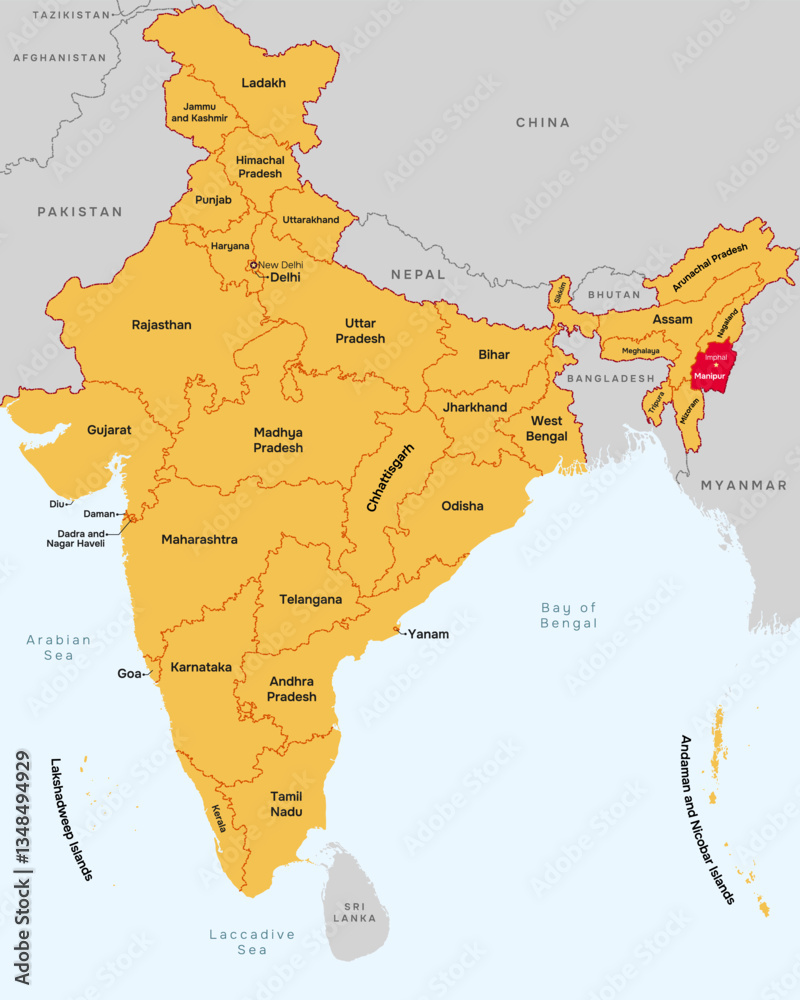 Manipur State Manipur state map, India. Editable Vector map silhouette illustration ...