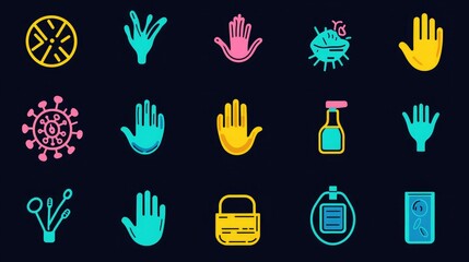 Poster - A colorful and informative set of COVID-related icons for use in awareness campaigns, including hand-washing and face masks