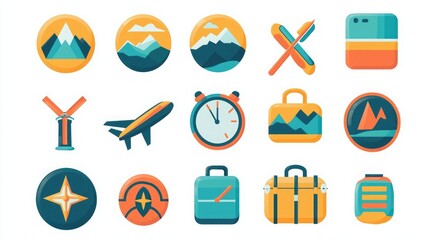 Poster - A colorful and vibrant travel icon set with icons for activities like hiking, sightseeing, and exploring 