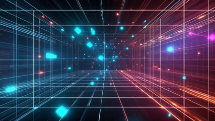 Fototapete - Cybernetic Gateway: Futuristic tunnel of glowing digital pathways, dots, and grids, representing advanced technological concepts and digital innovation, illuminated with neon colors.