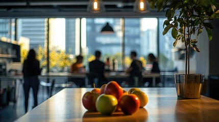 Poster - A corporate office break room where employees are enjoying apples as snacks