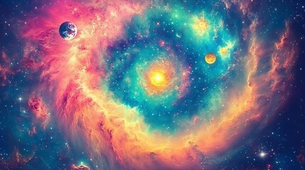 A colorful and swirling galaxy with visible planets and stars