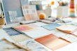 © Vesna - creative workspace featuring artfully arranged color swatches fabric samples and inspiration pieces on white desk soft natural lighting