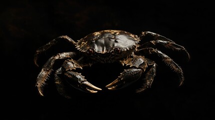 Poster - A detailed image of a crab isolated on a black background, showing intricate textures. 