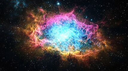 Poster - A digital rendering of the Crab Nebula in deep space, featuring vibrant blue, pink, and orange hues. 