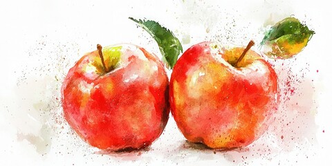Poster - A digital watercolor apple illustration with soft, vibrant tones on a white background. 