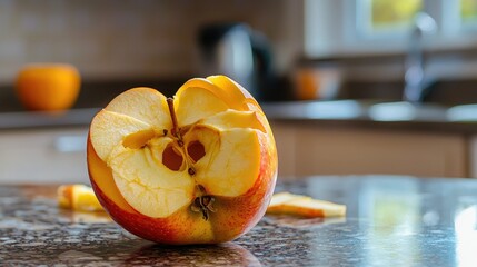 Poster - A family kitchen where an apple core sits on a counter after being sliced. 