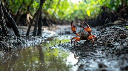 Poster - A fiddler crab waving its large claw in a muddy mangrove area. 