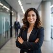 © Joa - Una mujer de negocios con los brazos cruzados en su oficina. Una mujer de negocios con poses confiables y traje.