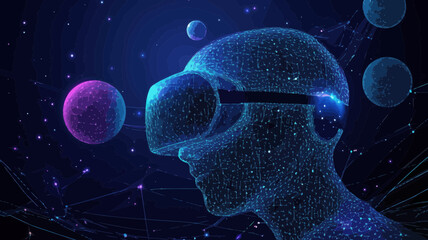 Poster - Virtual Reality Headset in Starry Space with Digital Lines and Planets - Futuristic VR Technology Concept Background