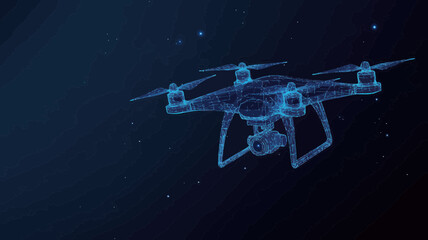 Poster - Digital Vector 3D Illustration of Modern Drone with Camera in Dark Blue - Low Poly Quadcopter for Videography and Aerial Photography Concept with Dots, Lines, Stars and Particles in Minimalist Style