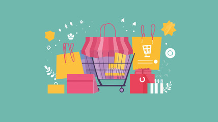 Poster - Colorful Online Shopping Concept - Flat Design Vector Illustration Highlighting E-Commerce and Digital Shopping with Shopping Cart, Bags, and Gifts - Ideal for Website Templates, Banners, and Headers