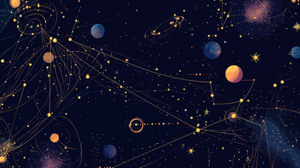 Poster - Starry Space Growth Chart with Planets and Wireframe Constellations Vector Illustration