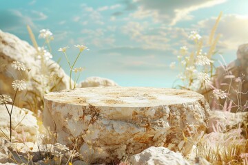 Aufkleber - Sunny Nature Product Background with Rock Podium for Concept Product Placement