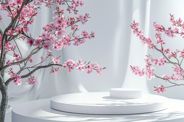 Aufkleber - High Resolution of White Empty Podium for Product Display with Cherry Blossoms