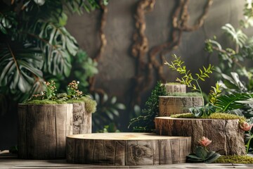 Aufkleber - Vibrant Color Visual of Wood Product Display Podium with Nature for Presentation Design