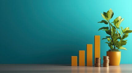 Poster - Business Growth Chart with Coins and Plant Symbolizing Revenue Increase and Prosperity in Modern Office Environment