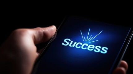 Poster - Hand Tapping on Virtual Touchscreen Display with Success Text Illuminated in Dark Background