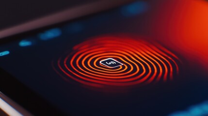 Poster - Encrypted Notification on Mobile Screen Showcasing Fingerprint Scanner with Vibrant Red and Black Design