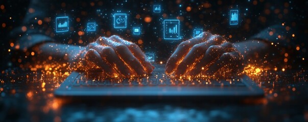 Futuristic Business Teamwork and Data Analysis Concept with Holographic Icons and Human Connection