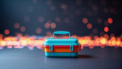 Poster - Colorful plastic case on a dark surface with glowing bokeh background creating a vibrant atmosphere