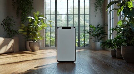 Smartphone with Blank Screen in Empty Apartment Background for Real Estate App for Home Buying and Renting