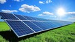 © 娜 赵 - A field of green grass with neatly arranged solar panels, sunlight shining from a blue sky with white clouds, a transmission tower and trees in the distance