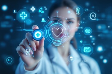 Poster - Futuristic healthcare technology concept with female doctor interacting with digital medical interface.