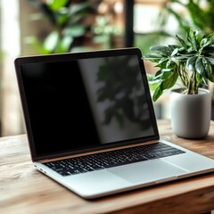 Poster - Laptop on a Wooden Desk with Plant - Open laptop with blank screen next to a potted plant, natural light, and a warm wood desk.