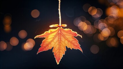 Poster - Bright orange leaf hanging against a dark background with soft glowing bokeh lights during autumn season