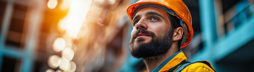 Poster - Construction engineer wearing a hard hat looking at building site with determination and using modern civil technology outdoors for structural planning