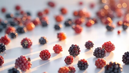 Poster - Colorful assortment of blackberries and raspberries arranged artistically on a bright surface during golden hour