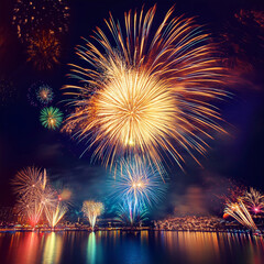 Wall Mural - vibrant fireworks display over city skyline generated image