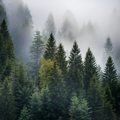 Wall Mural - misty evergreen forest in the morning light generated image