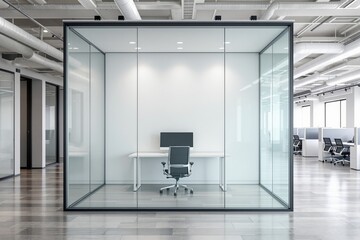 Poster - Modern glass office interior with minimalist workstation.